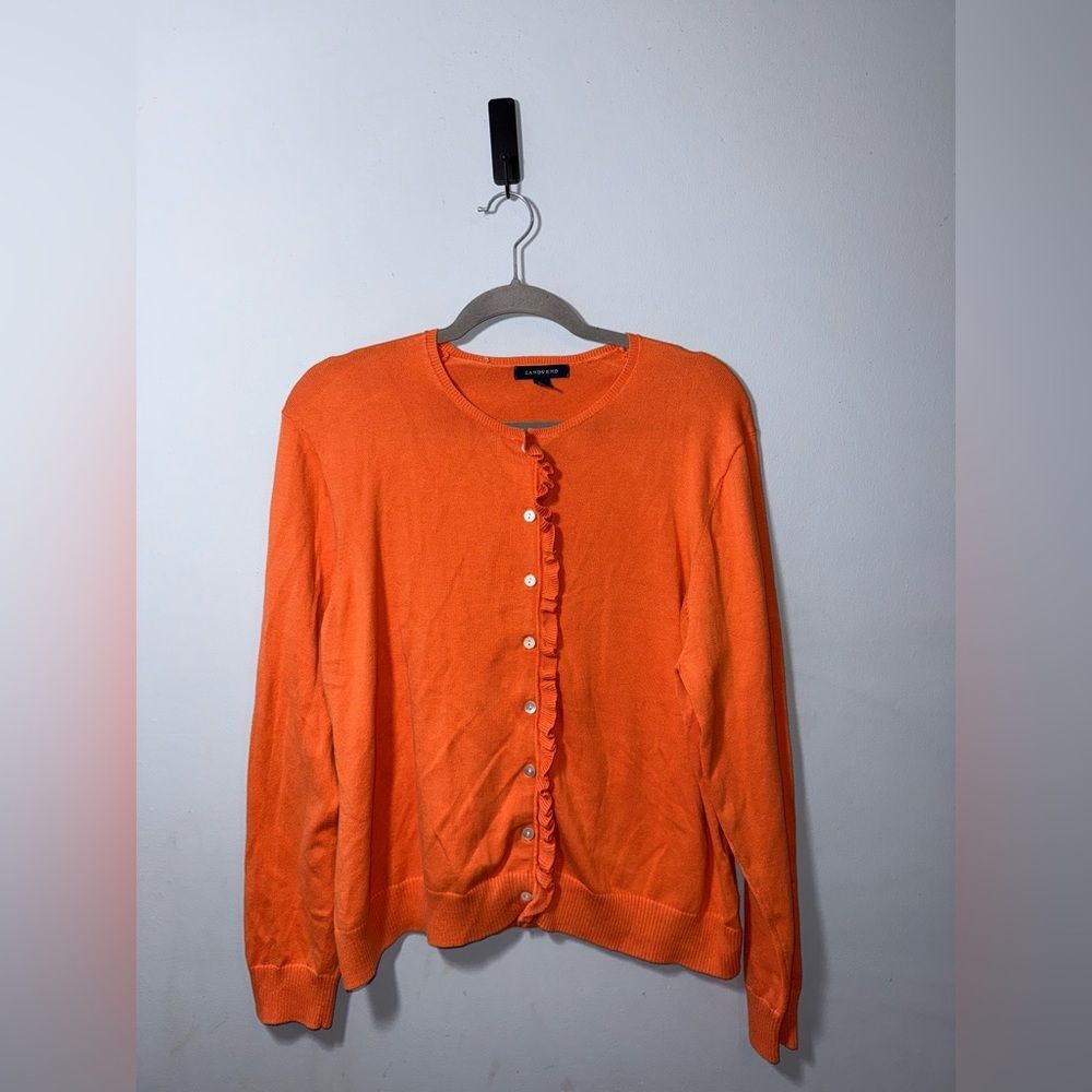 Lands' End women’s orange ruffled button down cardigan sweater size XLP GUC
